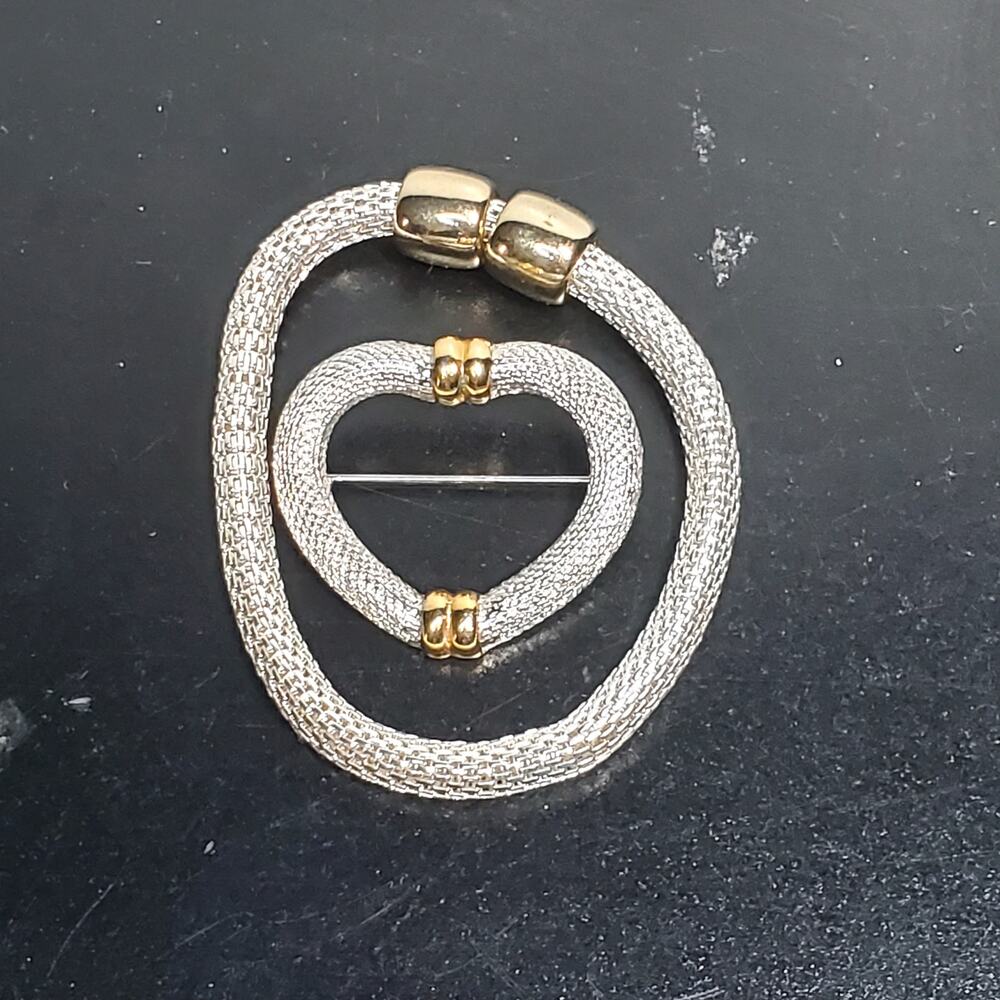 Slightly Stretchy Silver and Gold Tone Bead Bracelet 9" Matching Brooch